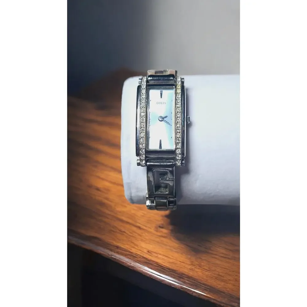 Guess Silver-Tone Crystal Tank-Style Bracelet Watch Rectangular Y2K Aesthetic
